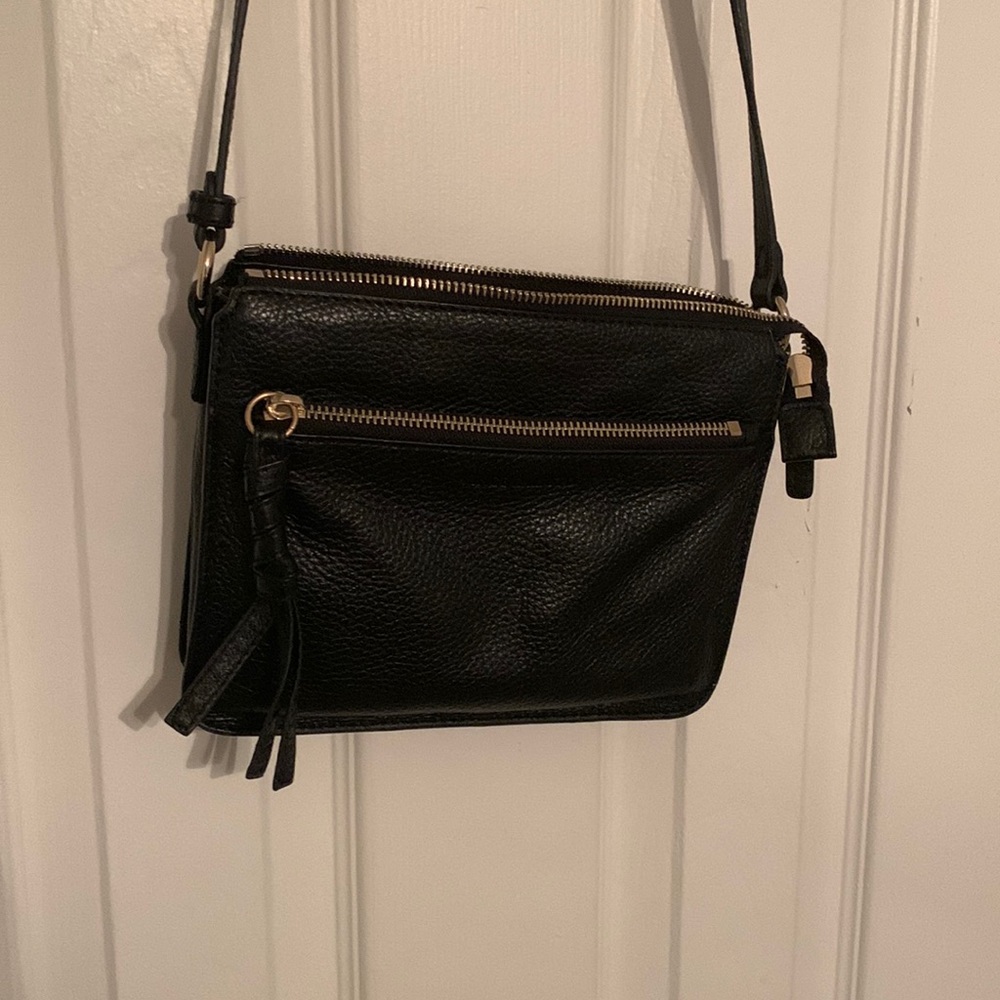 Black leather crossbody bag; real leather.